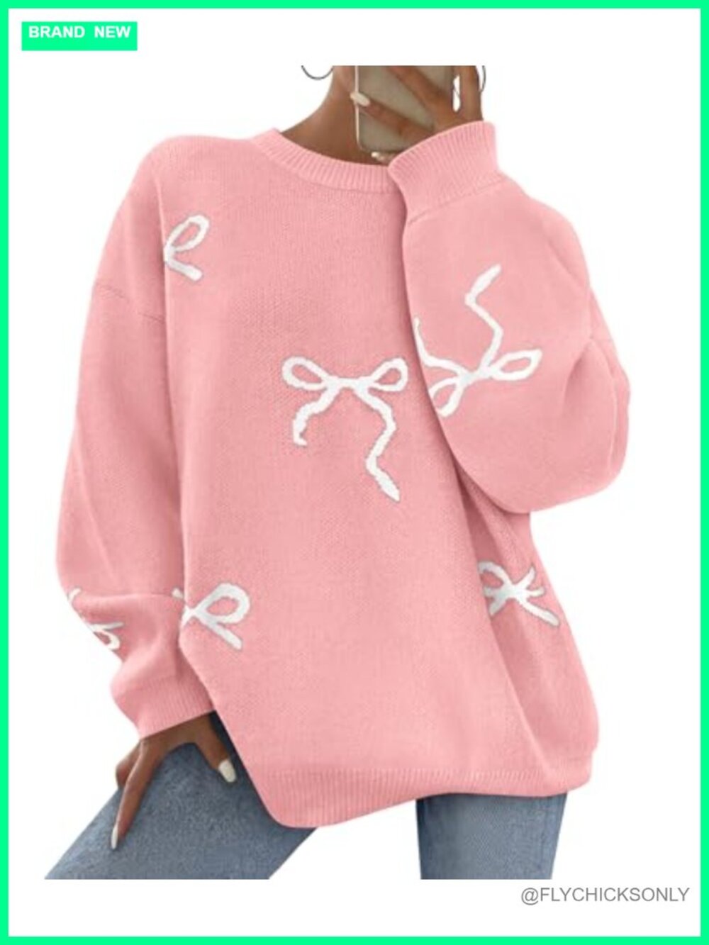 Women Long Sleeve Bow Print Oversized Chunky Knit Sweater Pullover